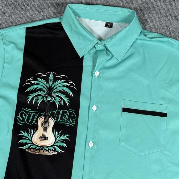 Summer Palm Tree Guitar Shirt Mens XL Green Black Short Sleeve Button Up Music - Picture 1 of 8